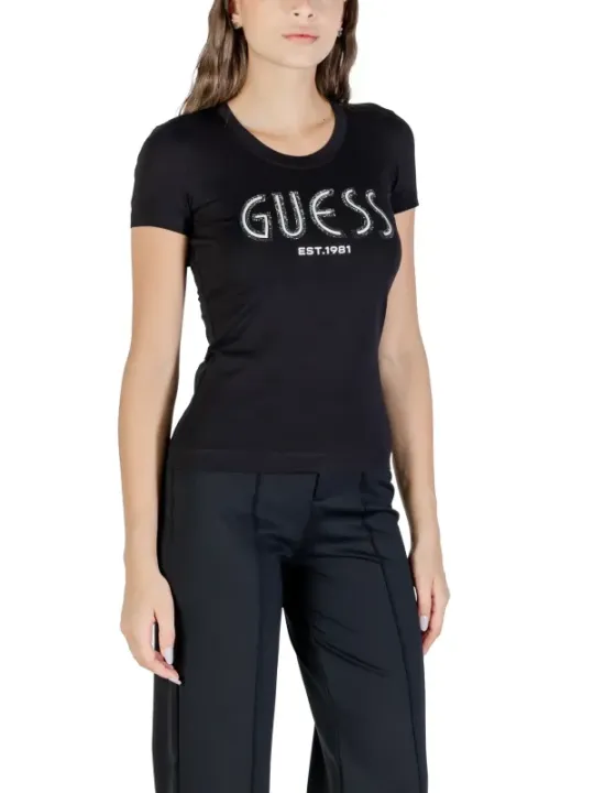 "Guess T-Shirts im Sale | Guess Damen TShirt Schwarz HerbstWinter Druck Rundhals online kaufen"|Planet-Deluxe