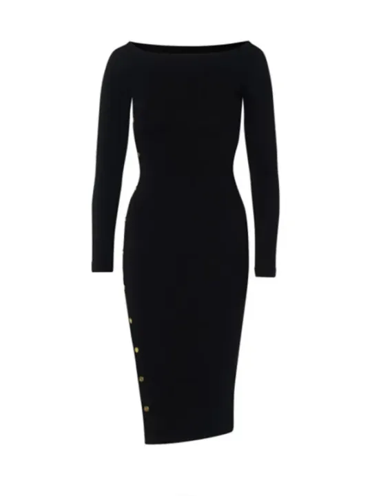 "Elisabetta Franchi Kleider im Sale | Elisabetta Franchi Damenkleid - Elegantes Herbst/Winter Kleid in Schwarz mit Langarm und U-Boot-Ausschnitt online kaufen"|Planet-Deluxe