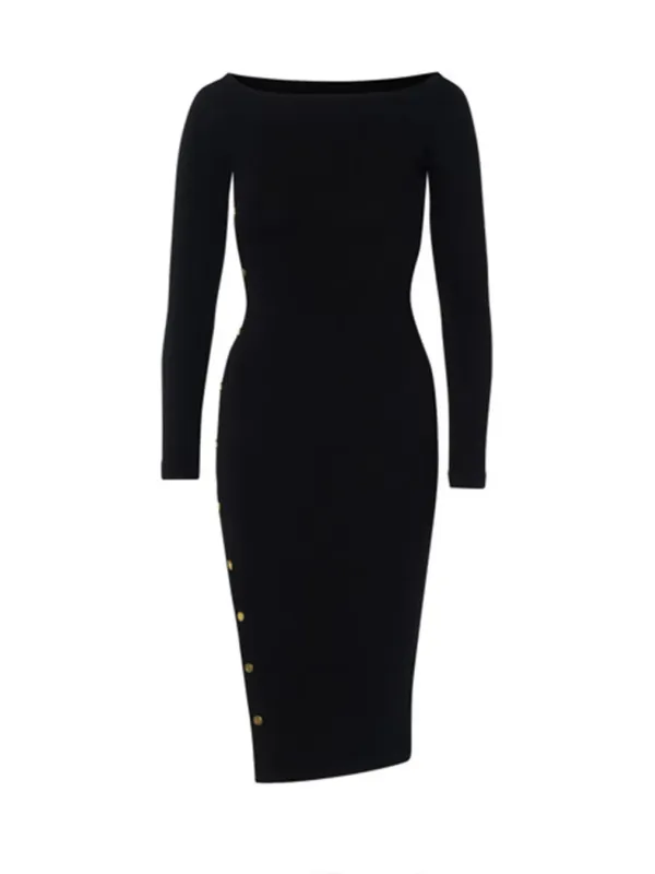 "Elisabetta Franchi Kleider im Sale | Elisabetta Franchi Damenkleid - Elegantes Herbst/Winter Kleid in Schwarz mit Langarm und U-Boot-Ausschnitt online kaufen"|Planet-Deluxe