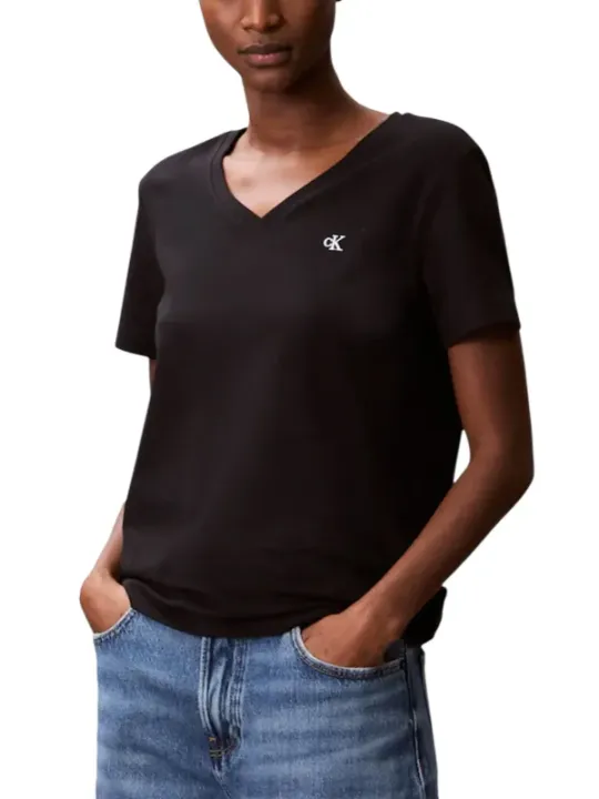 "Calvin Klein Jeans T-Shirts im Sale | Calvin Klein Jeans Damen V-Ausschnitt Shirt Herbst Schwarz online kaufen"|Planet-Deluxe