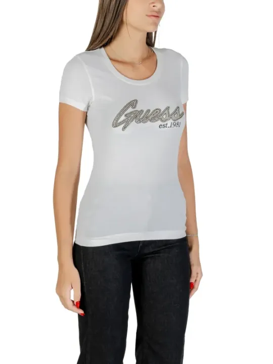 "Guess T-Shirts im Sale | Guess Damen T-Shirt Herbst/Winter Weiß mit Strass  online kaufen"|Planet-Deluxe