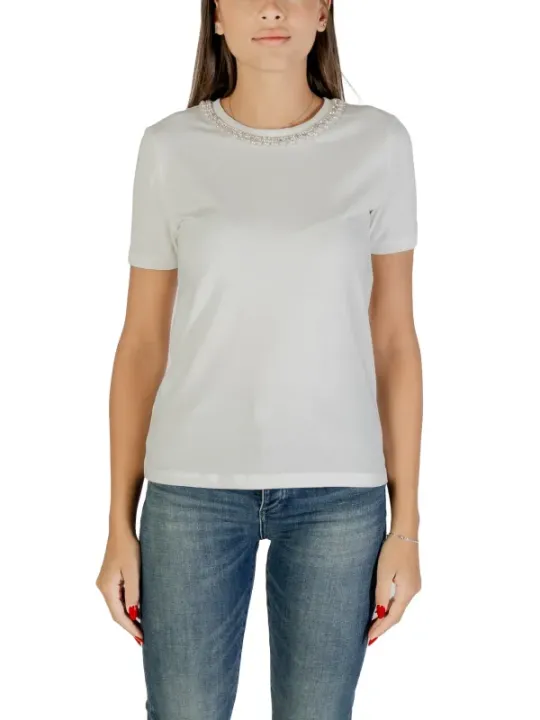 "Only T-Shirts im Sale | Only Damen TShirt Weiss Kurzarm Rundhals Herbst Winter 100Prozent Baumwolle online kaufen"|Planet-Deluxe