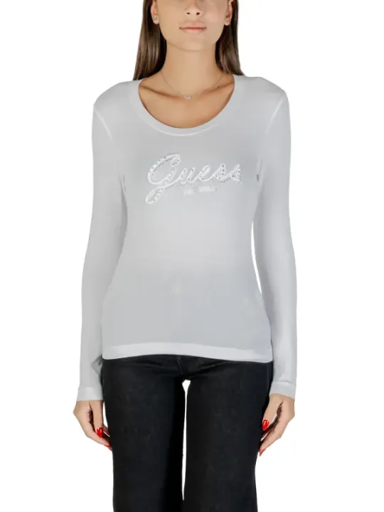 "Guess T-Shirts im Sale | Guess Damen T-Shirt - Weiß mit Druckmuster & Strassdetails, Langarm, Rundhals - Herbst/Winter Kollektion online kaufen"|Planet-Deluxe