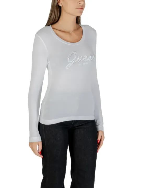 "Guess T-Shirts im Sale | Guess Damen T-Shirt - Weiß mit Druckmuster & Strassdetails, Langarm, Rundhals - Herbst/Winter Kollektion online kaufen"|Planet-Deluxe