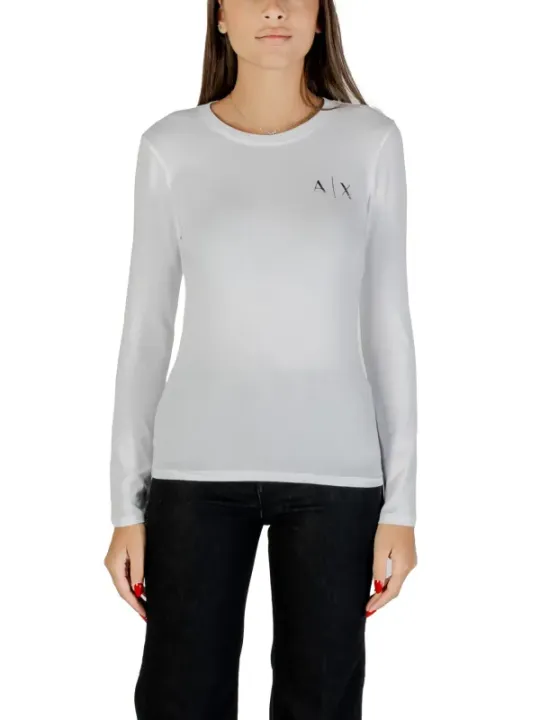 "Armani Exchange T-Shirts im Sale | Armani Exchange Damen T-Shirt - Weiß mit Strass, Langarm, Rundhals - Herbst/Winter Kollektion online kaufen"|Planet-Deluxe