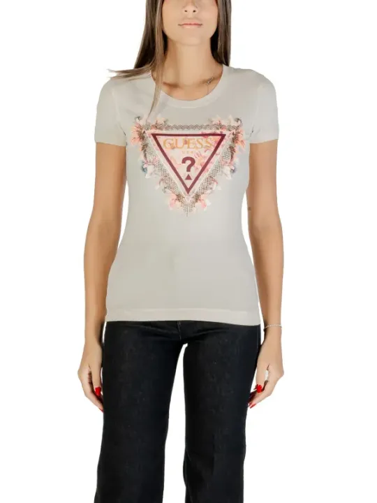 "Guess T-Shirts im Sale | Herbst/Winter Damen T-Shirt von Guess in Beige mit Print - Kurzarm, Rundhalsausschnitt - Artikelcode: W5YI08 J1314 - 95% Baumwol online kaufen"|Planet-Deluxe