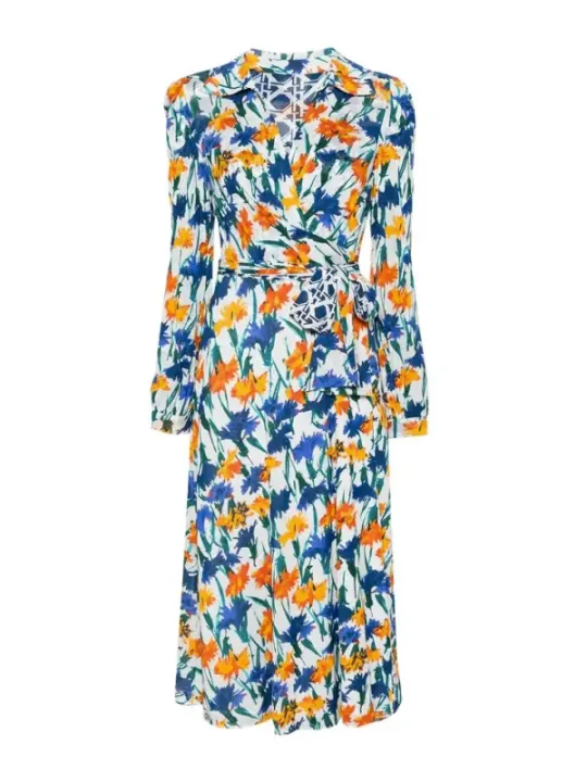 "Diane Von Furstenberg Kleider im Sale | Diane Von Furstenberg - Elegantes Frühlings-/Sommerkleid mit Blumenmuster und Gürtel - Bunt, Langarm, Tiefer V-Ausschnitt online kaufen"|Planet-Deluxe