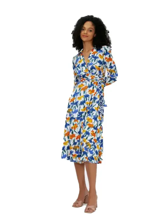 "Diane Von Furstenberg Kleider im Sale | Diane Von Furstenberg - Elegantes Frühlings-/Sommerkleid mit Blumenmuster und Gürtel - Bunt, Langarm, Tiefer V-Ausschnitt online kaufen"|Planet-Deluxe