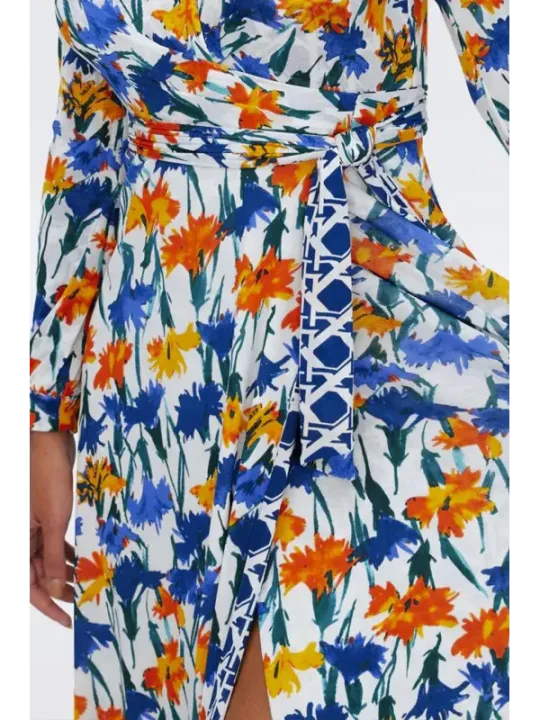 "Diane Von Furstenberg Kleider im Sale | Diane Von Furstenberg - Elegantes Frühlings-/Sommerkleid mit Blumenmuster und Gürtel - Bunt, Langarm, Tiefer V-Ausschnitt online kaufen"|Planet-Deluxe