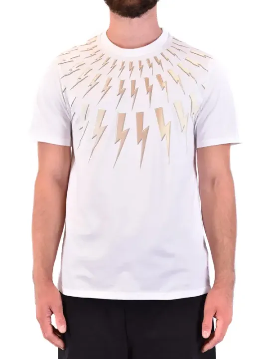 "Neil Barrett T-Shirts im Sale | Neil Barrett Herren TShirt Weiß Print Kurzarm Rundhals online kaufen"|Planet-Deluxe