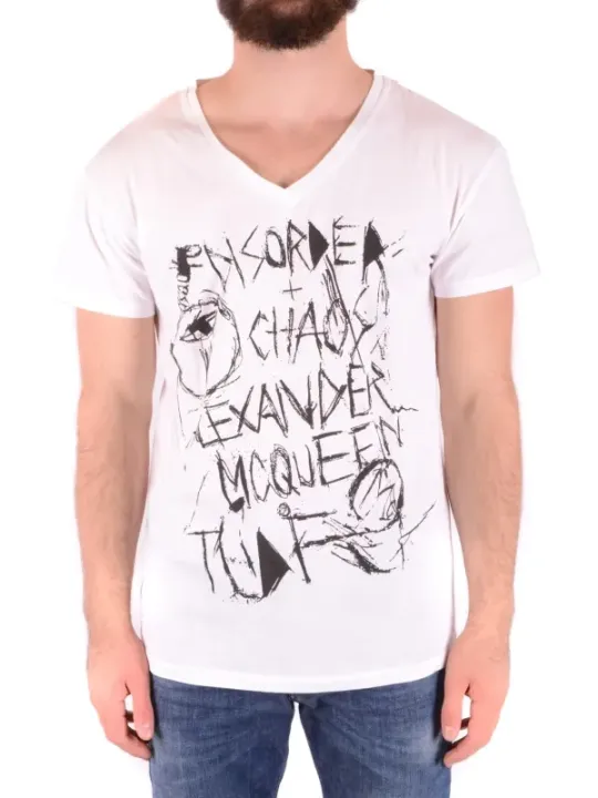 "Alexander Mcqueen T-Shirts im Sale | McQueen Herren TShirt FrühlingSommer VNeck Druck Weiß online kaufen"|Planet-Deluxe