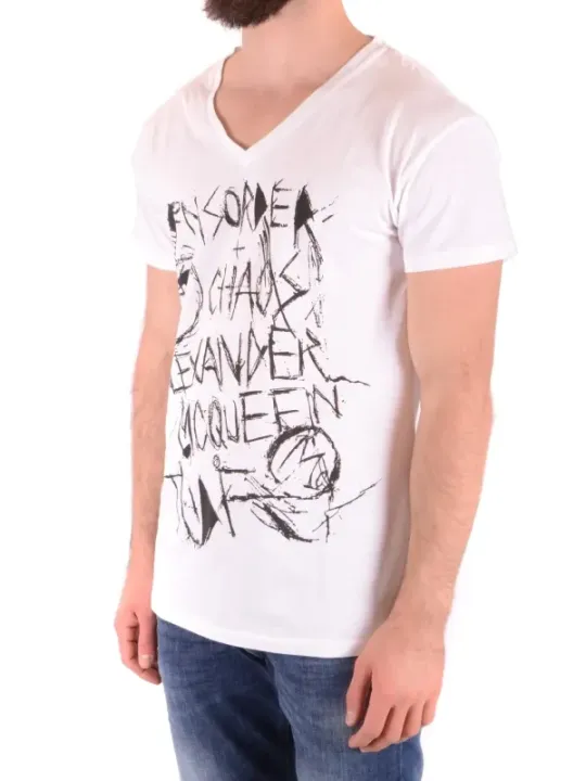 "Alexander Mcqueen T-Shirts im Sale | McQueen Herren TShirt FrühlingSommer VNeck Druck Weiß online kaufen"|Planet-Deluxe