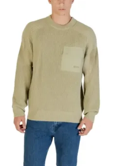 Boss Herren Pullover Beige - Rundhals, Außentasche, 100% Baumwolle