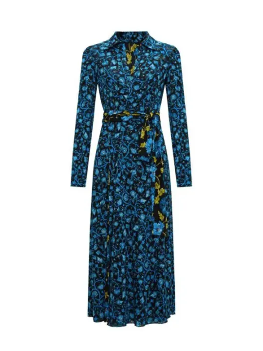 "Diane Von Furstenberg Kleider im Sale | Diane Von Furstenberg - Elegantes Damenkleid mit Blumenmuster in Blau für Herbst/Winter - V-Ausschnitt & Lange Ärmel - 100% Ny online kaufen"|Planet-Deluxe