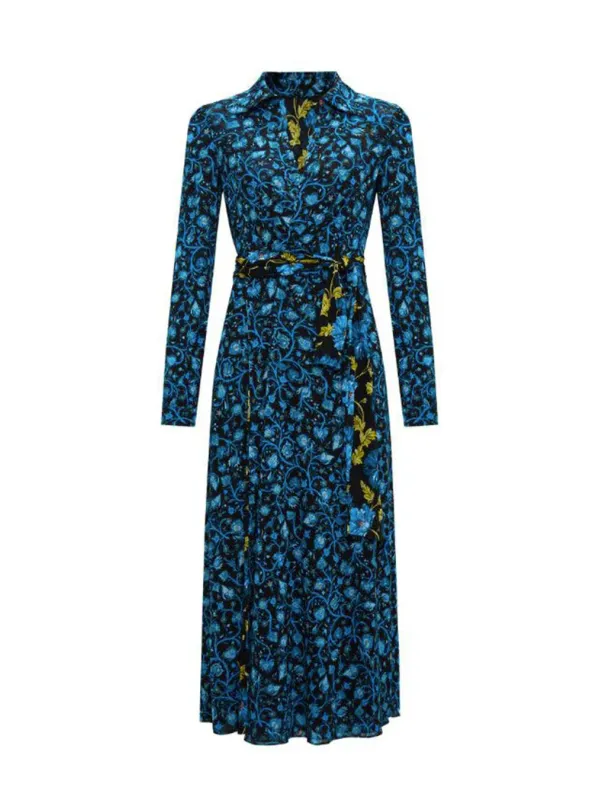"Diane Von Furstenberg Kleider im Sale | Diane Von Furstenberg - Elegantes Damenkleid mit Blumenmuster in Blau für Herbst/Winter - V-Ausschnitt & Lange Ärmel - 100% Ny online kaufen"|Planet-Deluxe
