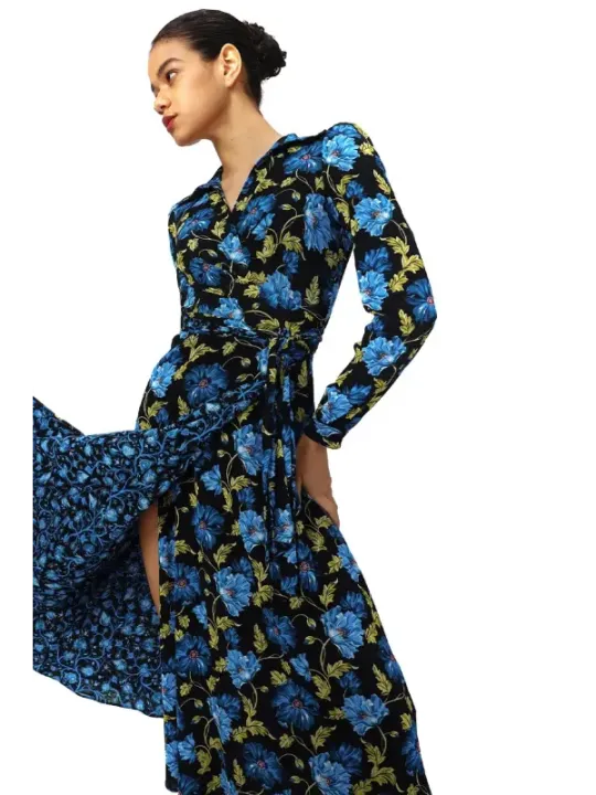 "Diane Von Furstenberg Kleider im Sale | Diane Von Furstenberg - Elegantes Damenkleid mit Blumenmuster in Blau für Herbst/Winter - V-Ausschnitt & Lange Ärmel - 100% Ny online kaufen"|Planet-Deluxe