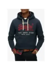 "Superdry Sweatshirts im Sale | Superdry Herren Fleece Hoodie Blau mit Druck - Gemütlicher Herbst/Winter Kapuzenpullover mit Vordertaschen und Langarm - Modell online kaufen"|Planet-Deluxe