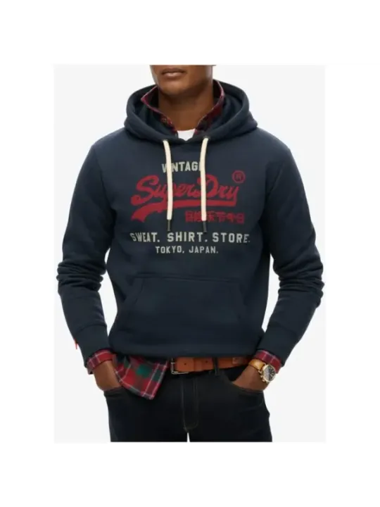 "Superdry Sweatshirts im Sale | Superdry Herren Fleece Hoodie Blau mit Druck - Gemütlicher Herbst/Winter Kapuzenpullover mit Vordertaschen und Langarm - Modell online kaufen"|Planet-Deluxe
