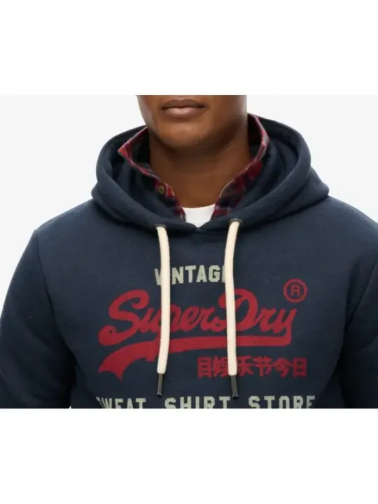 "Superdry Sweatshirts im Sale | Superdry Herren Fleece Hoodie Blau mit Druck - Gemütlicher Herbst/Winter Kapuzenpullover mit Vordertaschen und Langarm - Modell online kaufen"|Planet-Deluxe