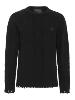 "Philipp Plein Herrenpullover Schwarz, Zerrissen, 100% Wolle"