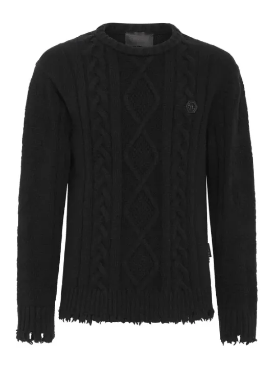 "Philipp Plein Pullover im Sale | Philipp Plein Herrenpullover Schwarz Zerrissen 100% Wolle online kaufen"|Planet-Deluxe