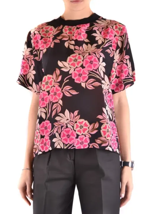 "Msgm T-Shirts im Sale | MSGM Damen T-Shirt - Bunter Blumenprint aus 100% Seide, Kurzarm für Frühling/Sommer online kaufen"|Planet-Deluxe