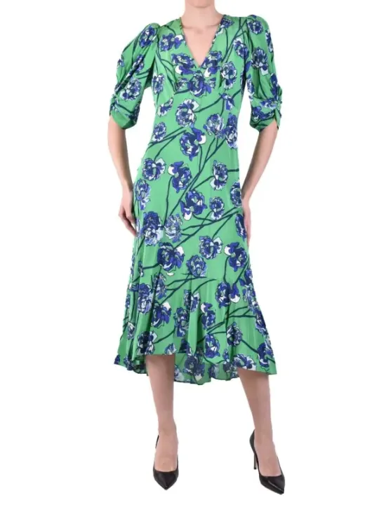 "Diane Von Furstenberg Kleider im Sale | DVF Frühlingskleid in Grün mit Blumenmuster – Kurze Ärmel & V-Ausschnitt – 100% Viskose – Diane Von Furstenberg online kaufen"|Planet-Deluxe