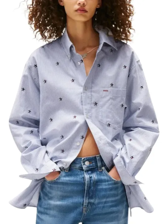 "Tommy Hilfiger Jeans Hemden im Sale | Tommy Hilfiger Jeans Damen Hemd aus Bio-Baumwolle in Azurblau – Herbst/Winter Kollektion online kaufen"|Planet-Deluxe
