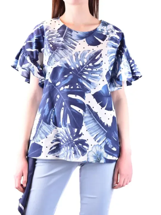 "Twinset T-Shirts im Sale | **Twinset Damen T-Shirt mit Blumenmuster - Blau, Kurzarm, Rundhalsausschnitt - Perfekt für Frühling/Sommer** online kaufen"|Planet-Deluxe