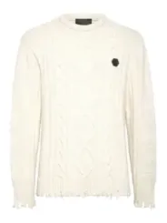 "Philipp Plein Pullover im Sale | Philipp Plein Herrenpullover - Weißer, Zerrissener Wollpullover für Herbst/Winter - Langer Ärmel, Rundausschnitt - Artikelcod online kaufen"|Planet-Deluxe