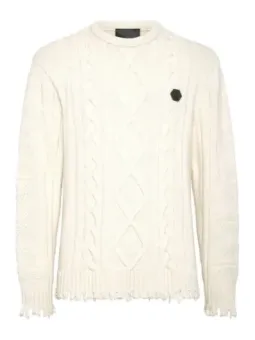 Philipp Plein Herrenpullover - Weiß, Zerrissen, Wollmix