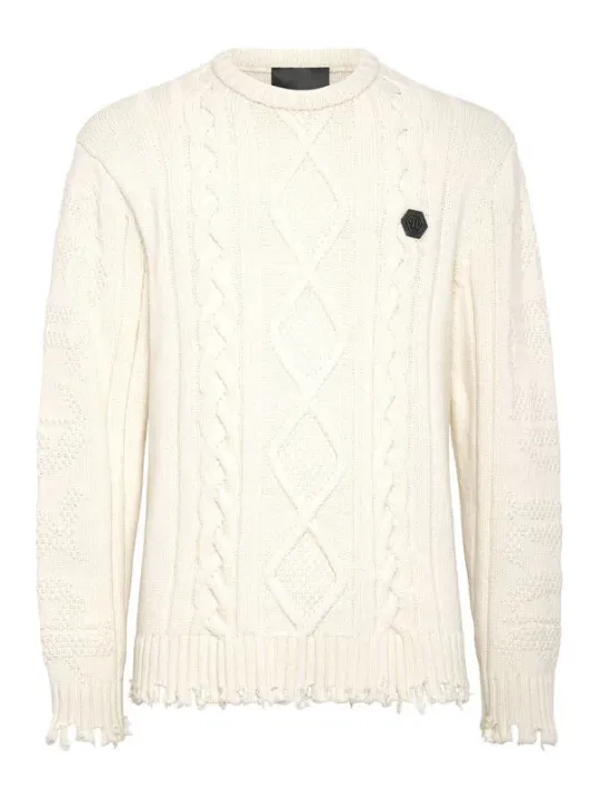 "Philipp Plein Pullover im Sale | Philipp Plein Herrenpullover - Weißer, Zerrissener Wollpullover für Herbst/Winter - Langer Ärmel, Rundausschnitt - Artikelcod online kaufen"|Planet-Deluxe