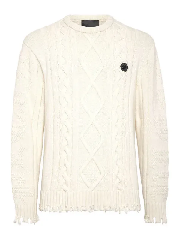 "Philipp Plein Pullover im Sale | Philipp Plein Herrenpullover - Weißer, Zerrissener Wollpullover für Herbst/Winter - Langer Ärmel, Rundausschnitt - Artikelcod online kaufen"|Planet-Deluxe "Philipp Plein Pullover im Sale | Philipp Plein Herrenpullover - Weißer, Zerrissener Wollpullover für Herbst/Winter - Langer Ärmel, Rundausschnitt - Artikelcod online kaufen"|Planet-Deluxe