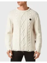 "Philipp Plein Pullover im Sale | Philipp Plein Herrenpullover - Weißer, Zerrissener Wollpullover für Herbst/Winter - Langer Ärmel, Rundausschnitt - Artikelcod online kaufen"|Planet-Deluxe