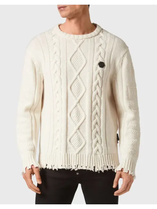 "Philipp Plein Pullover im Sale | Philipp Plein Herrenpullover - Weißer, Zerrissener Wollpullover für Herbst/Winter - Langer Ärmel, Rundausschnitt - Artikelcod online kaufen"|Planet-Deluxe