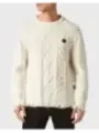 "Philipp Plein Pullover im Sale | Philipp Plein Herrenpullover - Weißer, Zerrissener Wollpullover für Herbst/Winter - Langer Ärmel, Rundausschnitt - Artikelcod online kaufen"|Planet-Deluxe