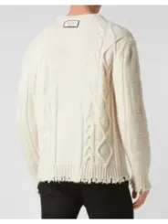 "Philipp Plein Pullover im Sale | Philipp Plein Herrenpullover - Weißer, Zerrissener Wollpullover für Herbst/Winter - Langer Ärmel, Rundausschnitt - Artikelcod online kaufen"|Planet-Deluxe