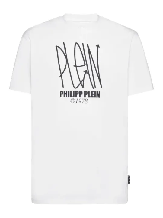 "Philipp Plein T-Shirts im Sale | Philipp Plein Herren TShirt Weiß Druck Kurzarm HerbstWinter online kaufen"|Planet-Deluxe