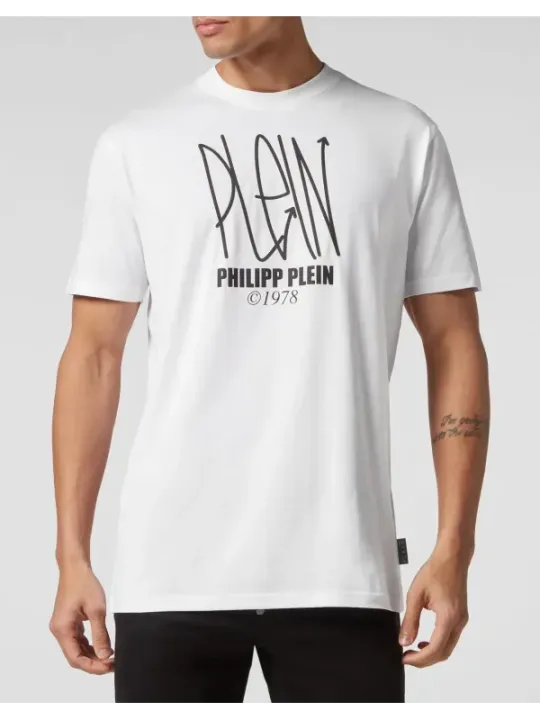 "Philipp Plein T-Shirts im Sale | Philipp Plein Herren TShirt Weiß Druck Kurzarm HerbstWinter online kaufen"|Planet-Deluxe