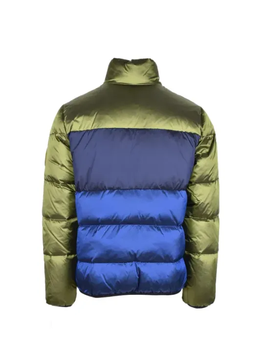 Limonengrüne und blaue Daunenjacke
