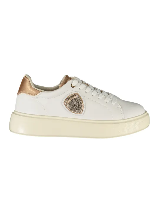 "Blauer Sneakers im Sale | Blauer Damen Sportschuhe Weiß - Sneaker mit Schnürsenkel, Kontrastierenden Bronze-Details, Herausnehmbarem Fußbett und Logo-A online kaufen"|Planet-Deluxe