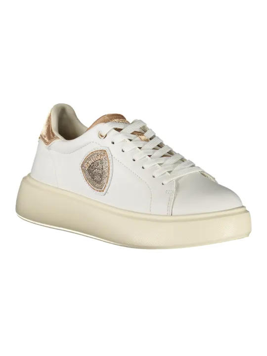 "Blauer Sneakers im Sale | Blauer Damen Sportschuhe Weiß - Sneaker mit Schnürsenkel, Kontrastierenden Bronze-Details, Herausnehmbarem Fußbett und Logo-A online kaufen"|Planet-Deluxe