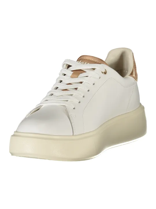 "Blauer Sneakers im Sale | Blauer Damen Sportschuhe Weiß - Sneaker mit Schnürsenkel, Kontrastierenden Bronze-Details, Herausnehmbarem Fußbett und Logo-A online kaufen"|Planet-Deluxe