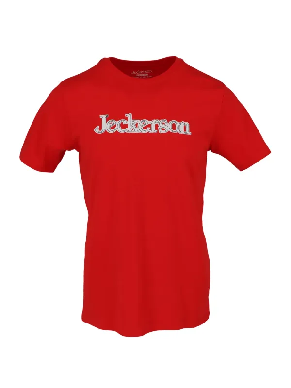 Rotes Jeckerson T-Shirt flach gelegt Rotes Jeckerson T-Shirt flach gelegt