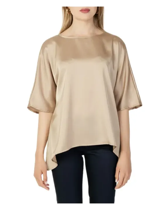 Beige Satinbluse, lockere Passform, Damen