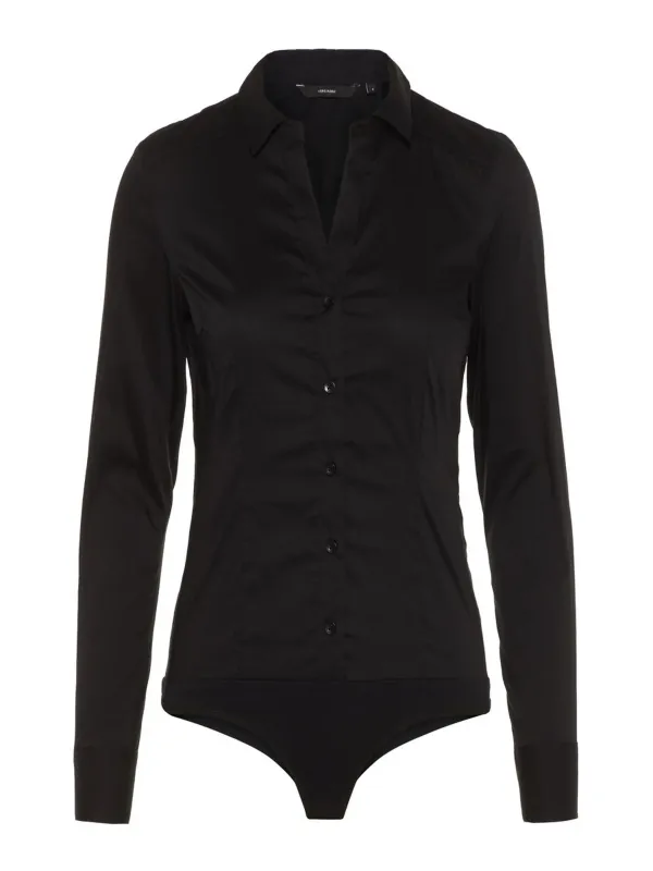 Schwarzer Damen-Body mit Hemdkragen Schwarzer Damen-Body mit Hemdkragen