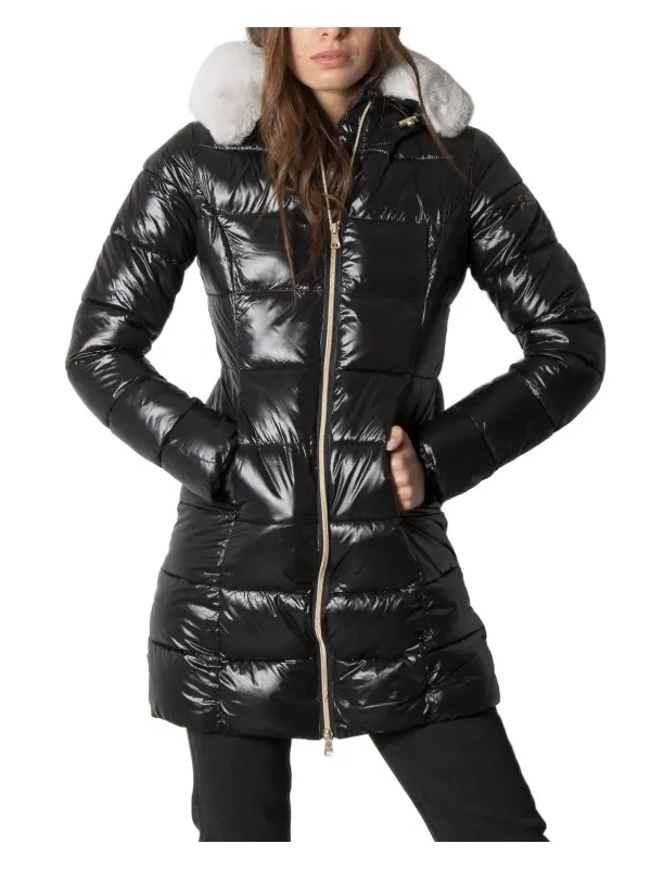 Schwarze, glänzende Daunenjacke mit Kapuze Schwarze, glänzende Daunenjacke mit Kapuze